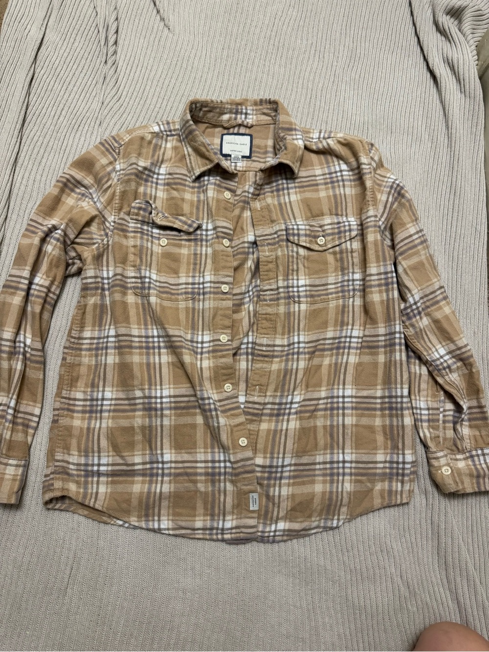 American Eagle Tan and White Plaid Button-Up Shirt